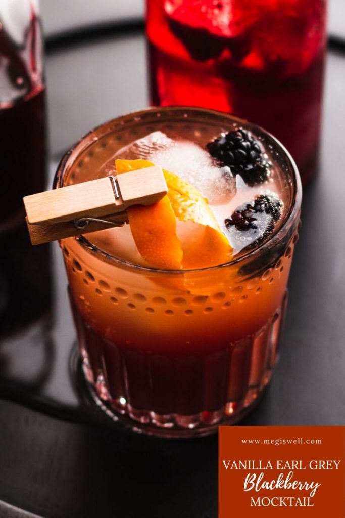 This Vanilla Earl Grey Blackberry Mocktail has delicious currents of vanilla, orange, bergamot, and blackberry and is the perfect mocktail for tea lovers! | Non Alcoholic | Summer Drinks | Shrub Mocktail | #mocktail #mocktailrecipe #megiswell | www.megiswell.com