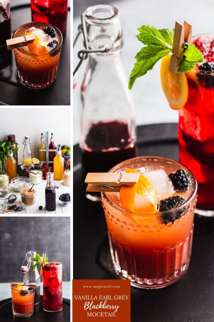 This Vanilla Earl Grey Blackberry Mocktail has delicious currents of vanilla, orange, bergamot, and blackberry and is the perfect mocktail for tea lovers! | Non Alcoholic | Summer Drinks | Shrub Mocktail | #mocktail #mocktailrecipe #megiswell | www.megiswell.com