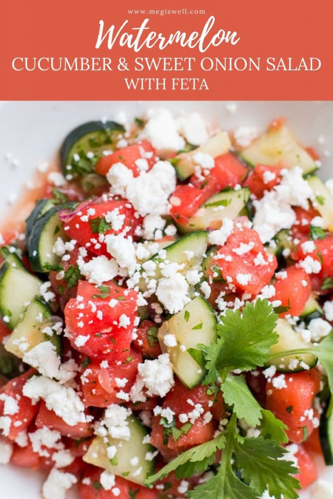 This Watermelon, Cucumber, and Sweet Onion Salad with Feta is the perfect refreshing side for a hot summer day. No oven required! | Lime Juice | Cilantro | Vegetarian | Healthy Summer Recipe | #watermeloncucumbersalad | www.megiswell.com
